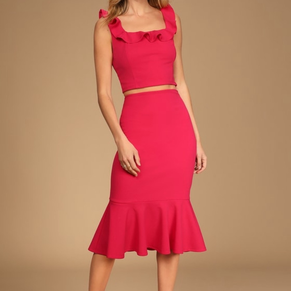 Hot Pink Ruffled Two-Piece Midi Dress
